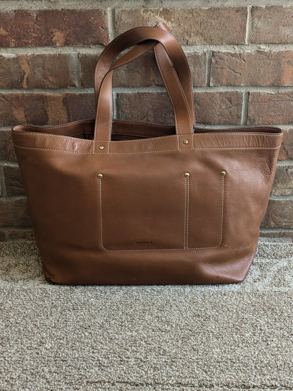 SHINOLA The Pocket East West Tote Leather Tan Cognac Brown Shoulder Bag Purse
